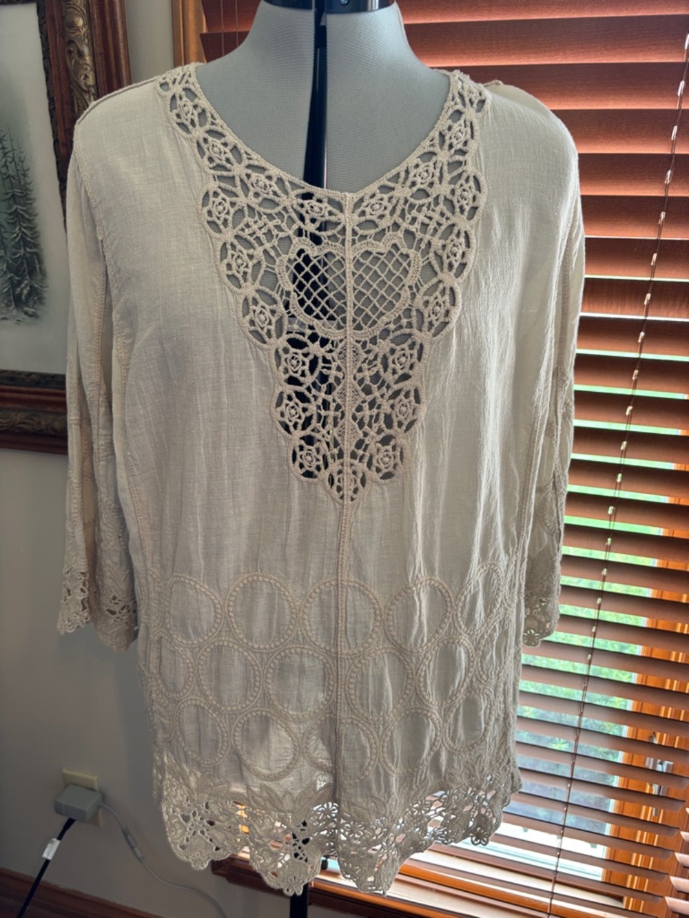 C Est. 1946 Boho Embroidered Lace Tunic Blouse Cream Ivory XL
